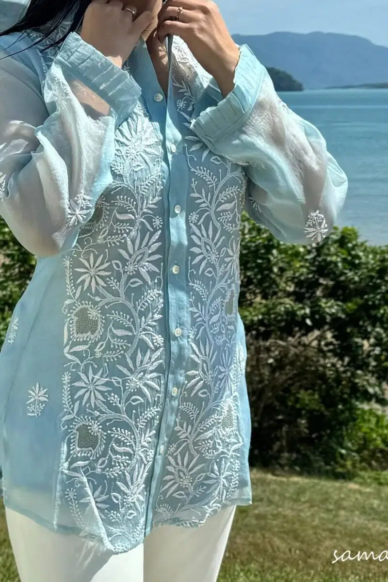 Noor Frill Organza Chikankari Short Tops