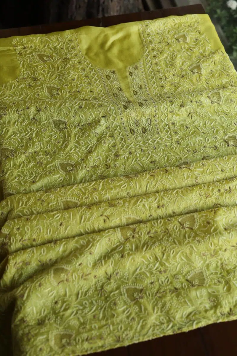 Paper Tussar Ari Kasab Resham Chikankari Unstitched Fabrics