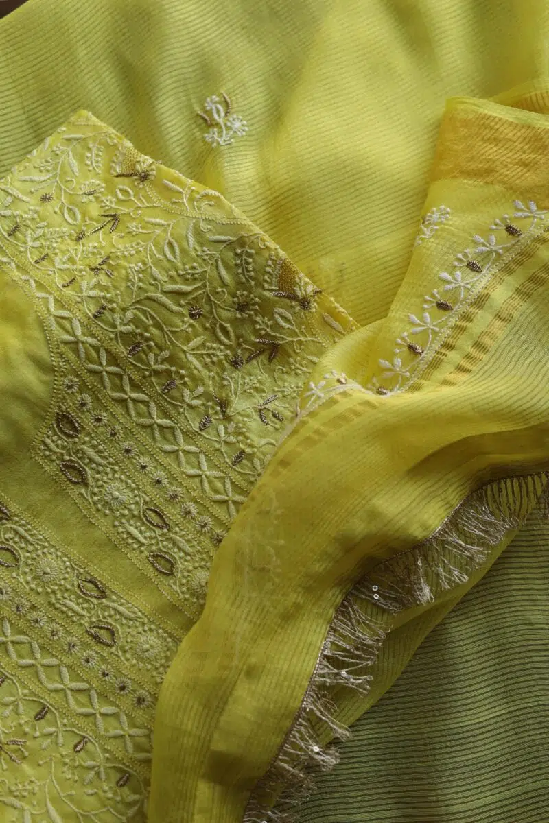 Paper Tussar Ari Kasab Resham Chikankari Unstitched Fabrics