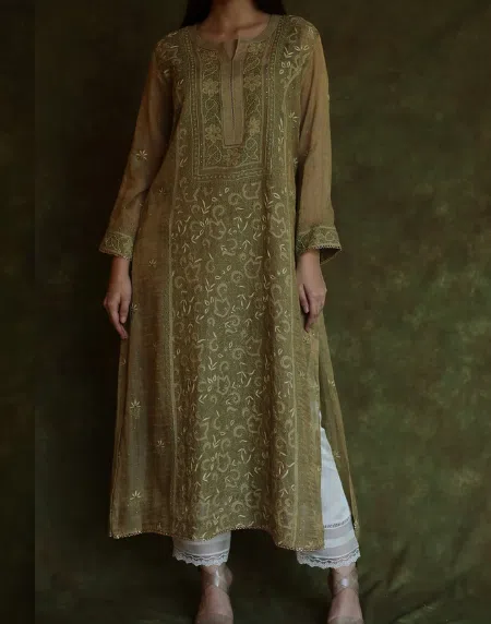 Army Green | Tissue Silk Kurta