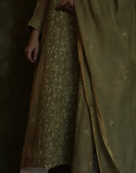 Army Green | Tissue Silk Kurta