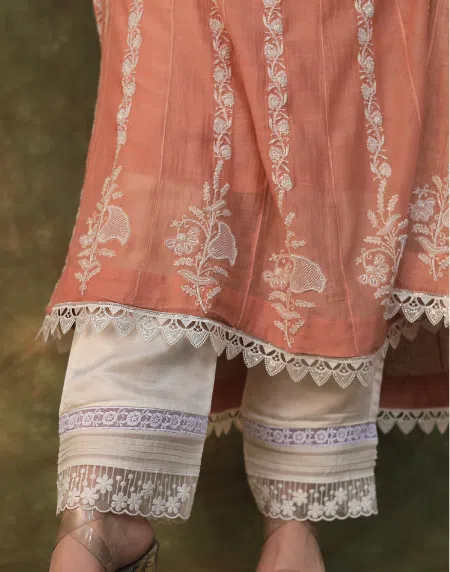 Dusty Rose Malmal Pearl Work Chikankari Anarkali With Dupatta