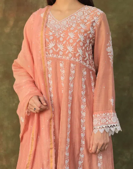 Dusty Rose Malmal Pearl Work Chikankari Anarkali With Dupatta