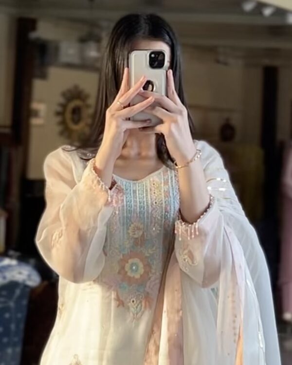 Noor Organza Silk Zardosi Work Fine Resham Chikankari Kurta Set - Image 2