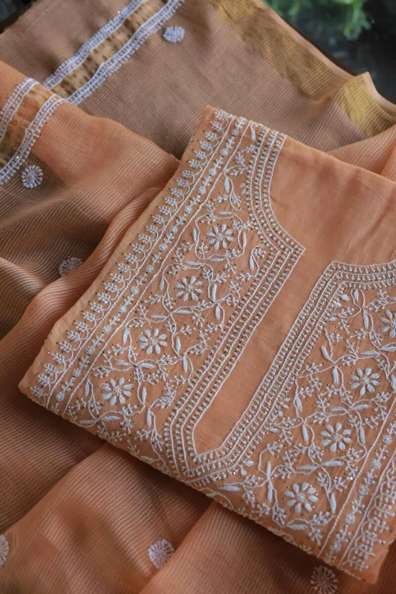 Malmal Cotton Fine Chikankari Kamdani Unstitched Fabrics