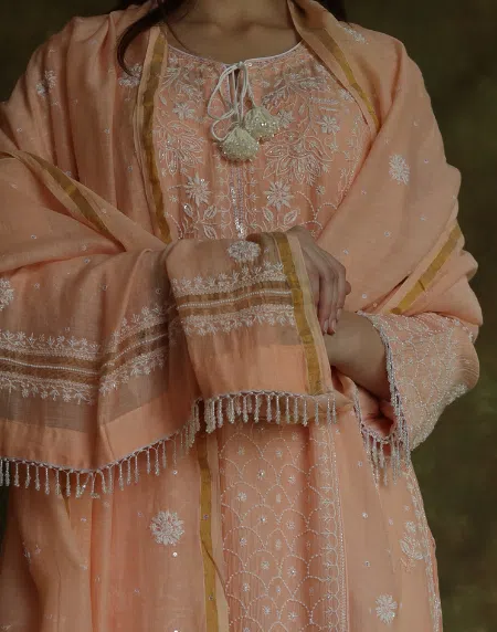 Peach Malmal Pearl Work Chikankari Anarkali With Dupatta