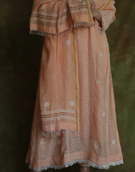 Peach Malmal Pearl Work Chikankari Anarkali With Dupatta