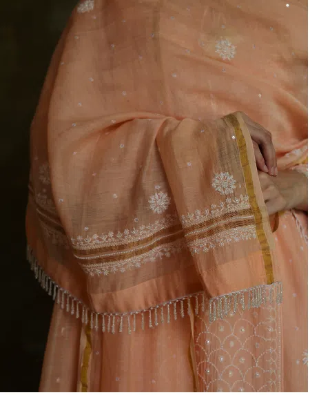Peach Malmal Pearl Work Chikankari Anarkali With Dupatta