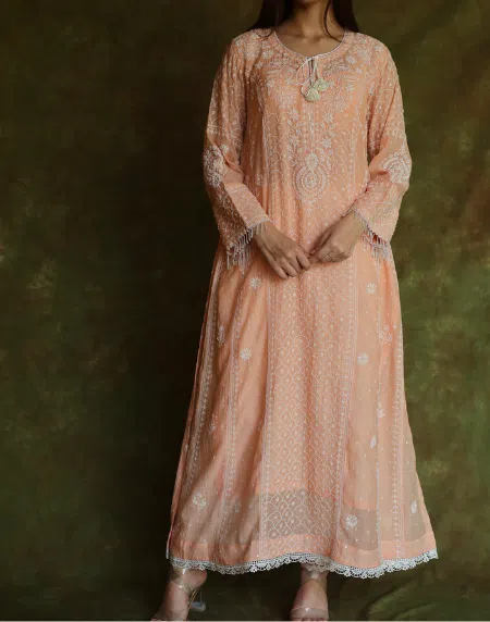 Peach Malmal Pearl Work Chikankari Anarkali With Dupatta