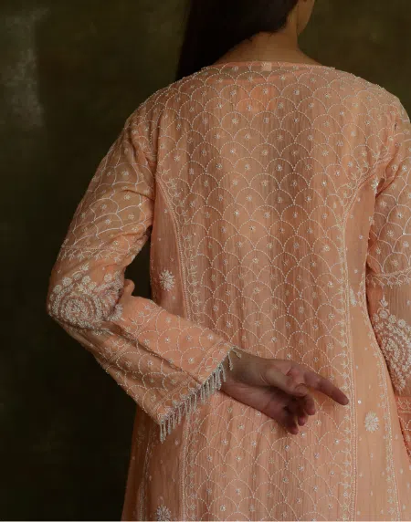 Peach Malmal Pearl Work Chikankari Anarkali With Dupatta