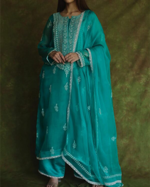 Pine Green | Fine Chikankari Noor Organza Silk Kurta Set