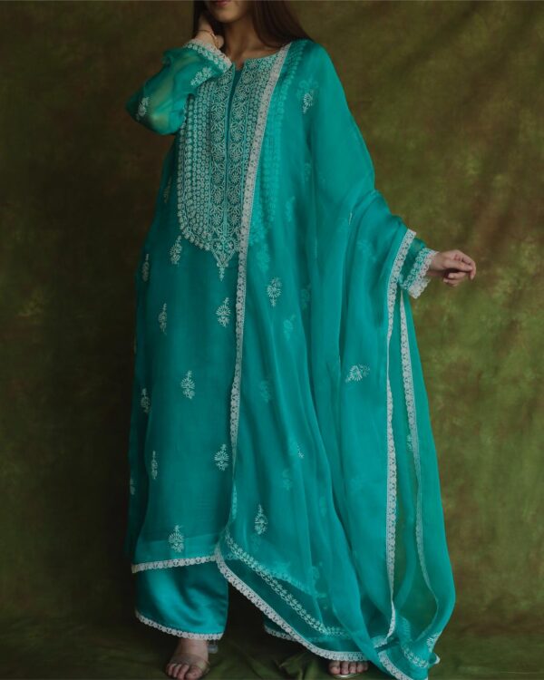 Pine Green | Fine Chikankari Noor Organza Silk Kurta Set - Image 5
