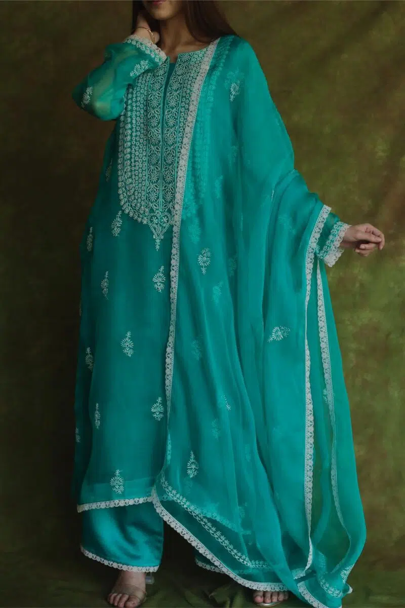 Pine Green | Fine Chikankari Noor Organza Silk Kurta Set