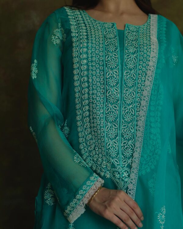 Pine Green | Fine Chikankari Noor Organza Silk Kurta Set - Image 2