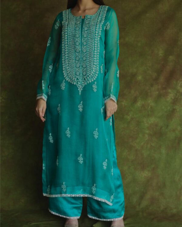 Pine Green | Fine Chikankari Noor Organza Silk Kurta Set - Image 8