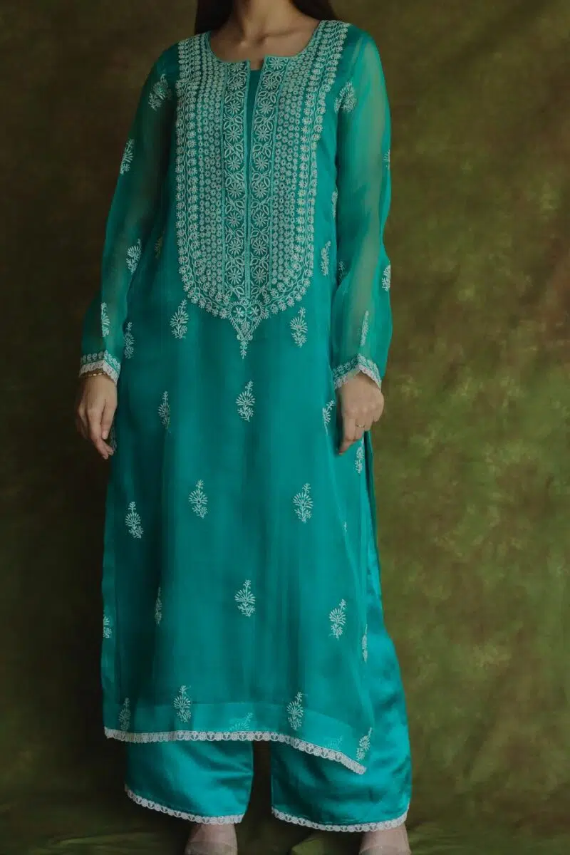 Pine Green | Fine Chikankari Noor Organza Silk Kurta Set