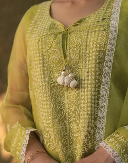 Neon Shade | Fine Chikankari Noor Organza Silk Kurta Set