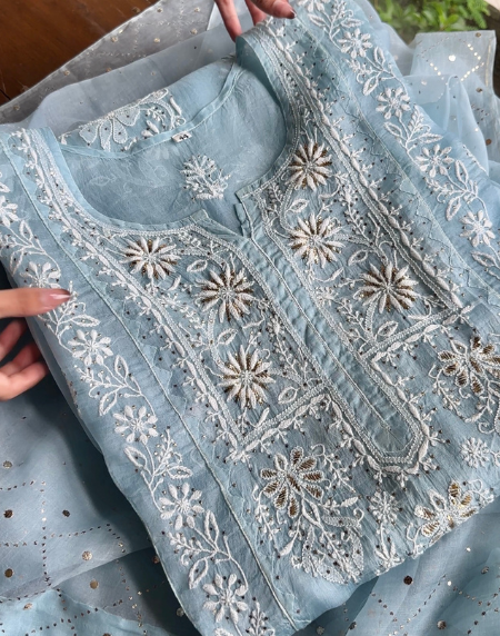 Organza Chikankari Applique Kurta Set