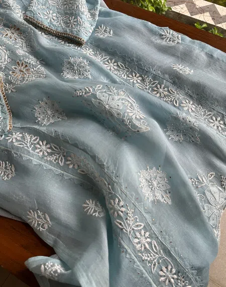 Organza Chikankari Applique Kurta Set