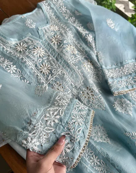 Organza Chikankari Applique Kurta Set
