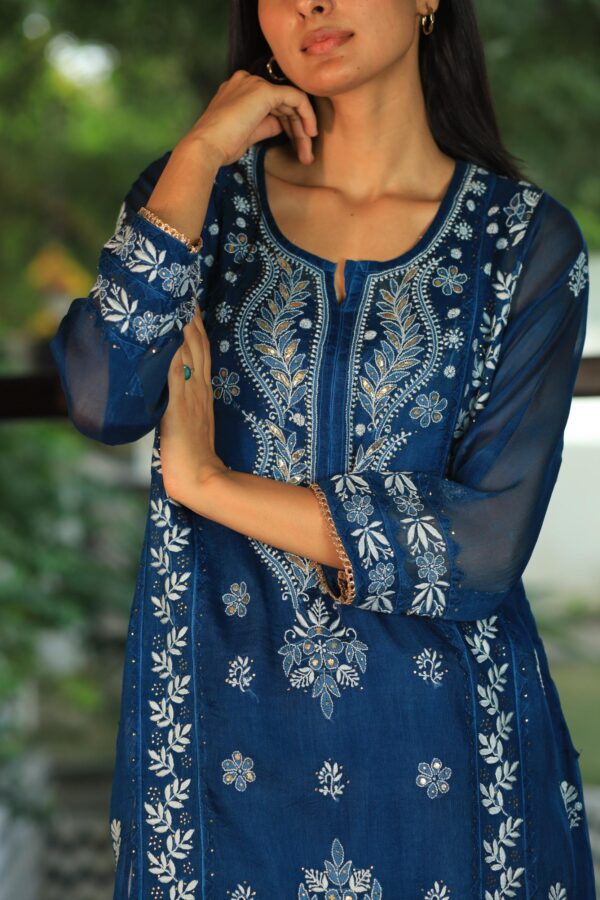 Organza Applique Kurta Set | Prussian Blue - Image 7