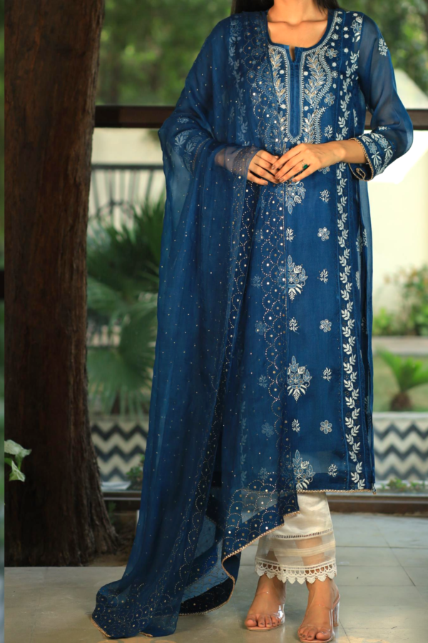Organza Applique Kurta Set | Prussian Blue - Image 4