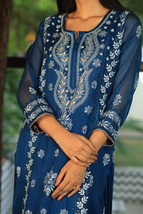 Organza Applique Kurta Set | Prussian Blue - Image 9