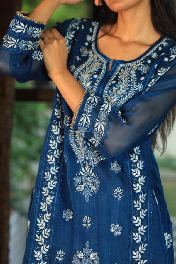 Organza Applique Kurta Set | Prussian Blue - Image 2