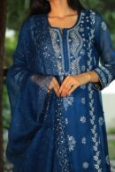 Organza Applique Kurta Set | Prussian Blue
