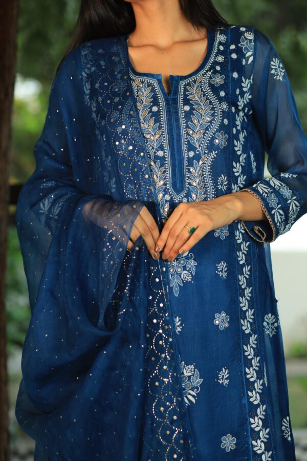 Organza Applique Kurta Set | Prussian Blue