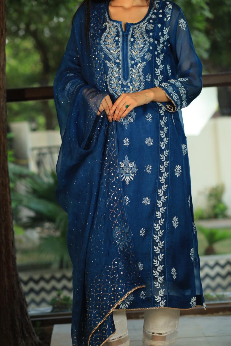 Organza Applique Kurta Set | Prussian Blue