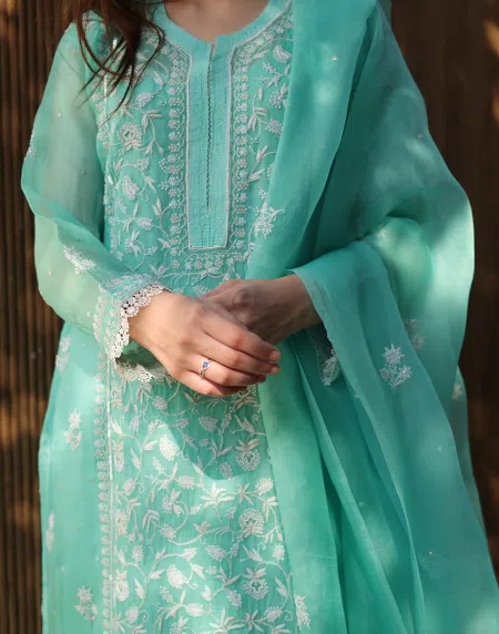 Sea Green | Organza Chikankari Anarkali