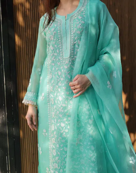 Sea Green | Organza Chikankari Anarkali
