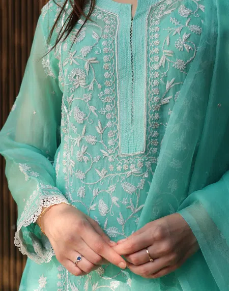 Sea Green | Organza Chikankari Anarkali