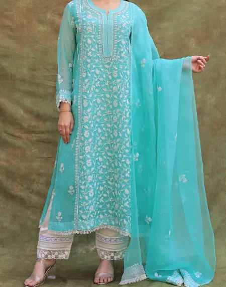 Sea Green | Organza Chikankari Anarkali