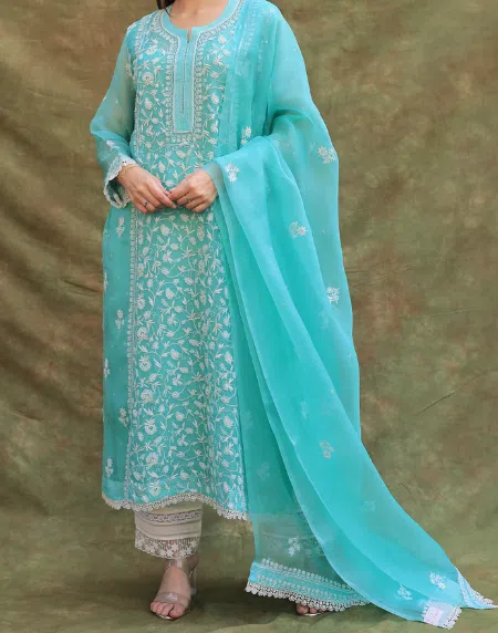 Sea Green | Organza Chikankari Anarkali