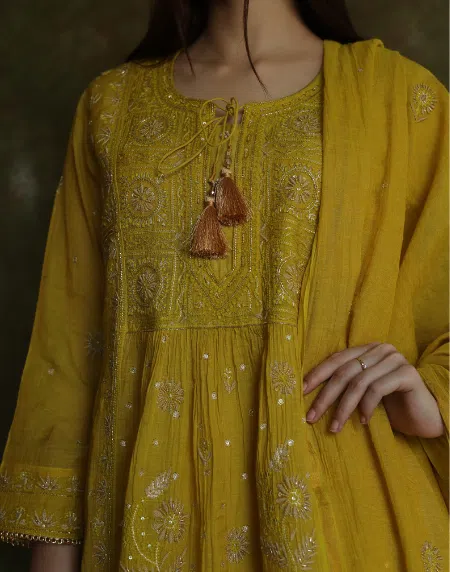 Tissue Silk Chikankari Bhopali Kurta Set