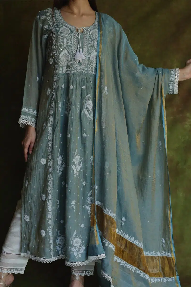 Tissue Silk Chikankari Bhopali Kurta Set