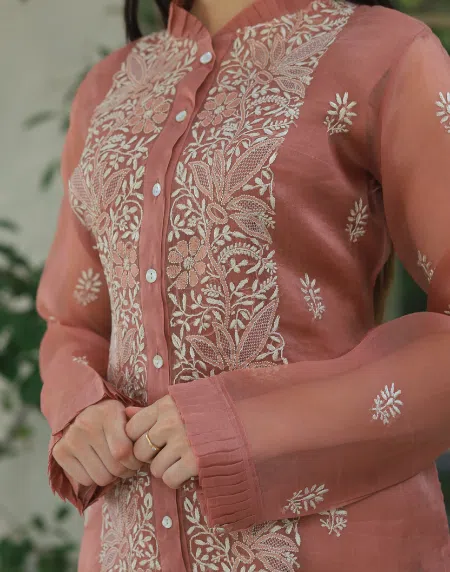 Noor Frill Organza Chikankari Short Tops