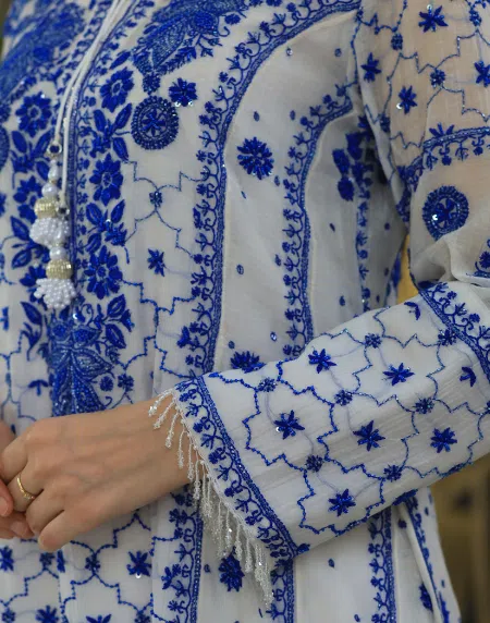 Indigo White Malmal Pearl Work Chikankari Anarkali With Dupatta - Image 4