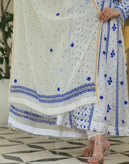 Indigo White Malmal Pearl Work Chikankari Anarkali With Dupatta - Image 5