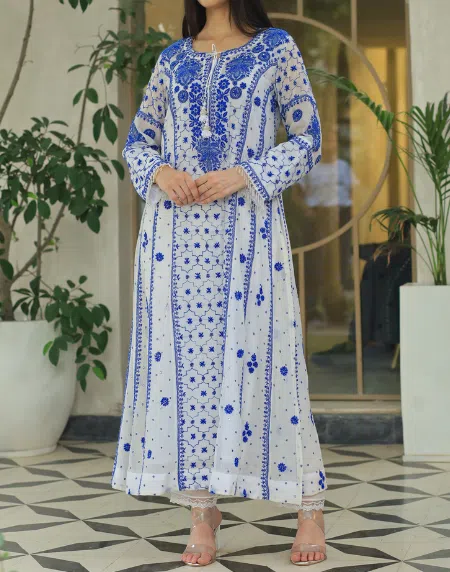 Indigo White Malmal Pearl Work Chikankari Anarkali With Dupatta - Image 6