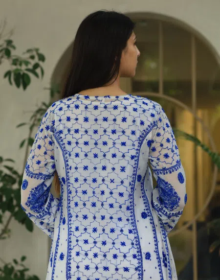 Indigo White Malmal Pearl Work Chikankari Anarkali With Dupatta - Image 7