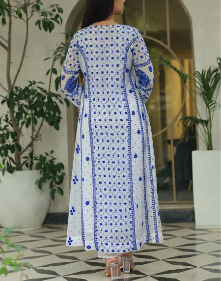 Indigo White Malmal Pearl Work Chikankari Anarkali With Dupatta - Image 8