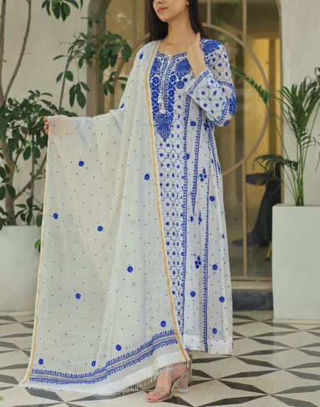 Indigo White Malmal Pearl Work Chikankari Anarkali With Dupatta