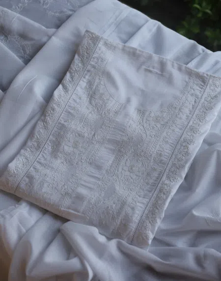 White Cotton Chikankari Semi-Stitched Kurta Dupatta Fabrics