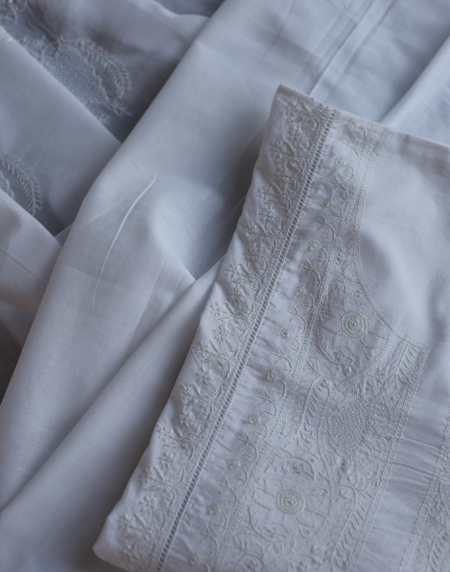 White Cotton Chikankari Semi-Stitched Kurta Dupatta Fabrics