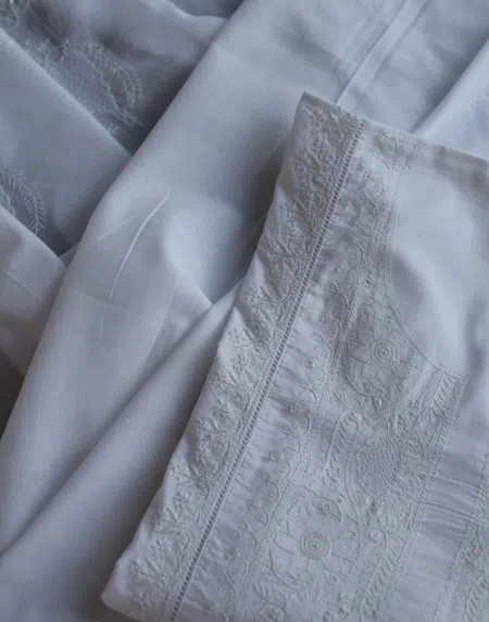 White Cotton Chikankari Semi-Stitched Kurta Dupatta Fabrics