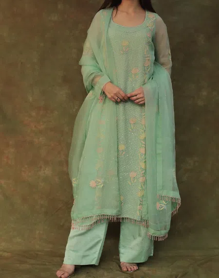 Noor Organza Silk Zardosi Work Fine Resham Chikankari Kurta Set - Image 6
