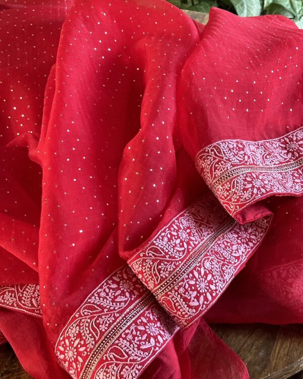 Noor Kamdani Crimson Red Border Chikankari Saree - Image 11